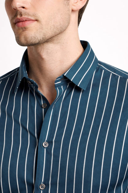 Men’s Teal Blue & White Striped Cotton Shirt