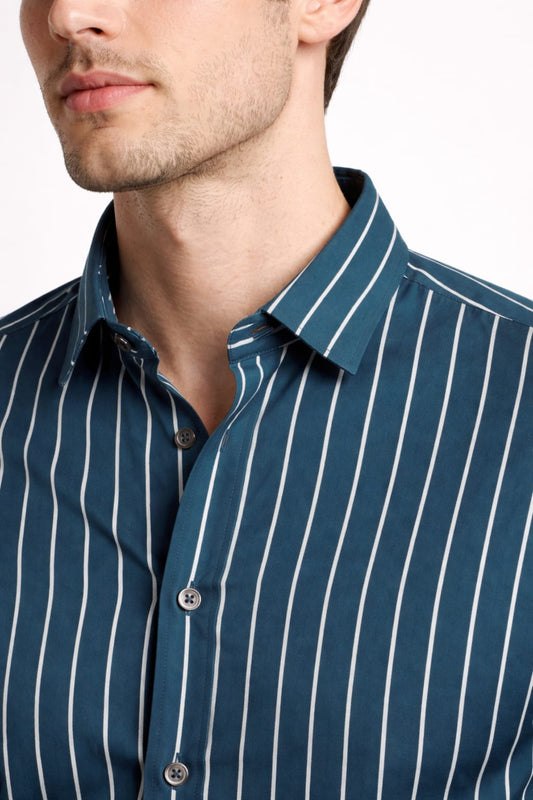 Men’s Teal Blue & White Striped Cotton Shirt