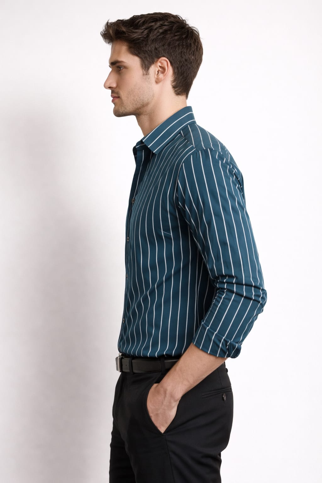 Men’s Teal Blue & White Striped Cotton Shirt