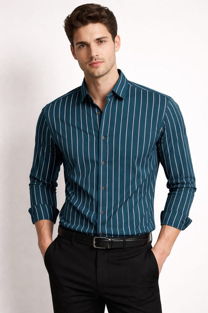 Men’s Teal Blue & White Striped Cotton Shirt
