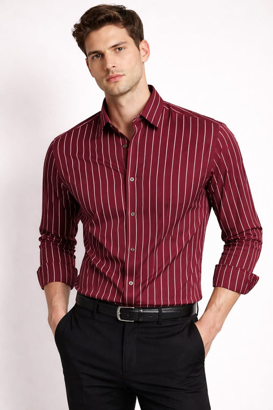 Men’s Maroon & White Striped Cotton Shirt