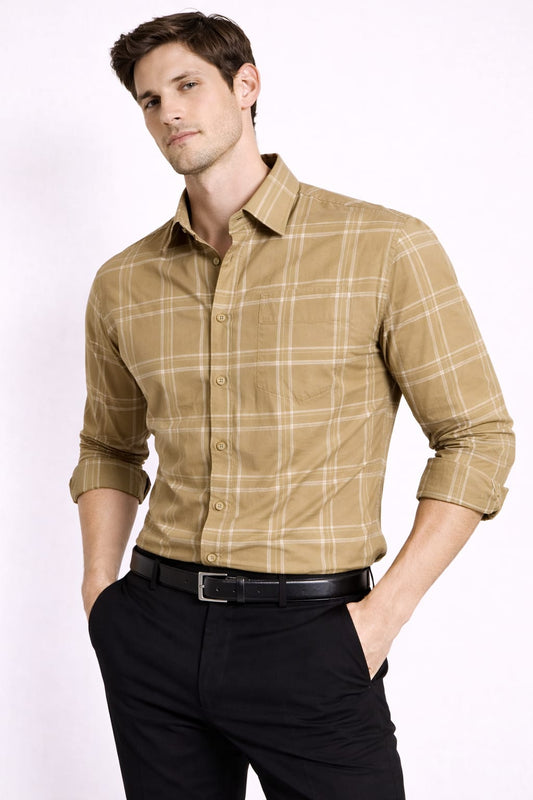 Men’s Beige Checkered Cotton Shirt