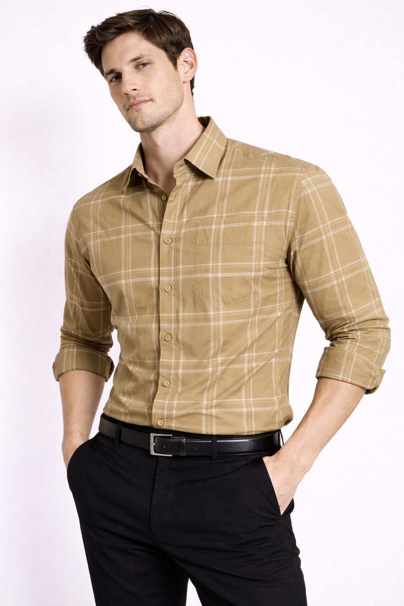 Men’s Beige Checkered Cotton Shirt